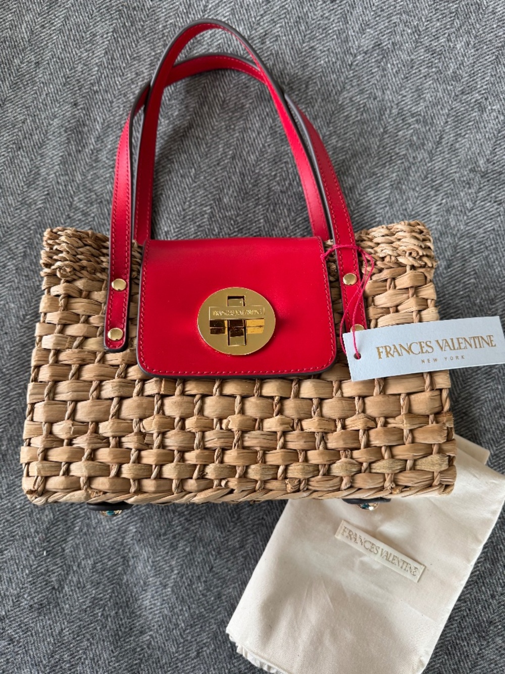 NWT, BRAND NEW, FRANCES VALENTINE LOREN FLAP BASKET, WOVEN STRAW & RED LEATHER